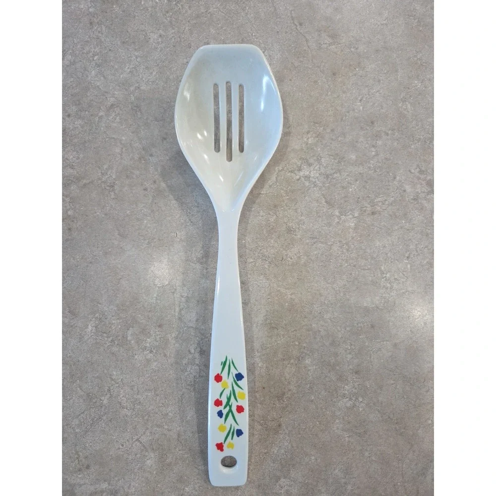Vintage Melamine White Floral Slotted Serving Spoon Flower Handle